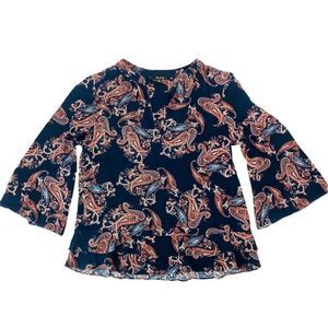 Ella Moss Bell Sleeve Top 9790 Small New Navy Paisley Boho Ruffle Band Collar